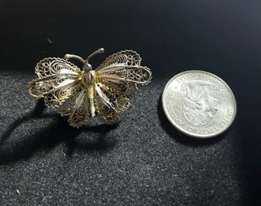 Vintage 800 Silver Filigree Butter Fly Pin. Multi Tone.